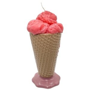 Vintage Swirl Ice Cream Cone Ceramic Candle Handmade Pink Strawberry Scent